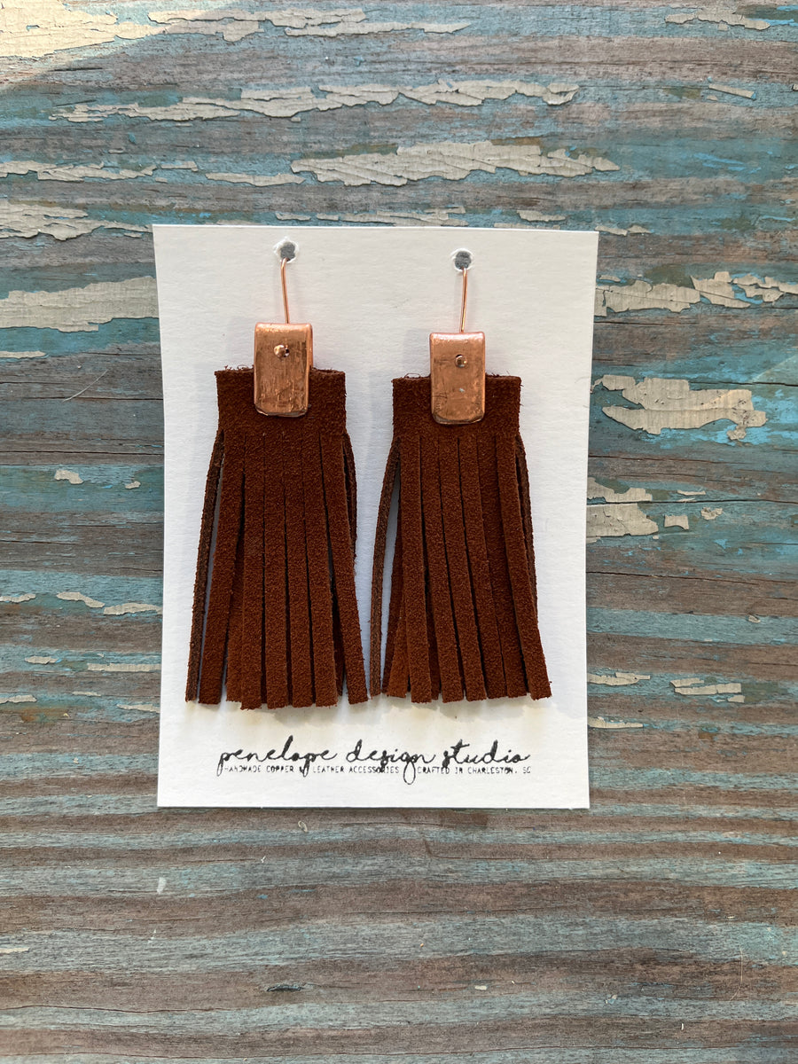leather tassel earrings - dark brown suede