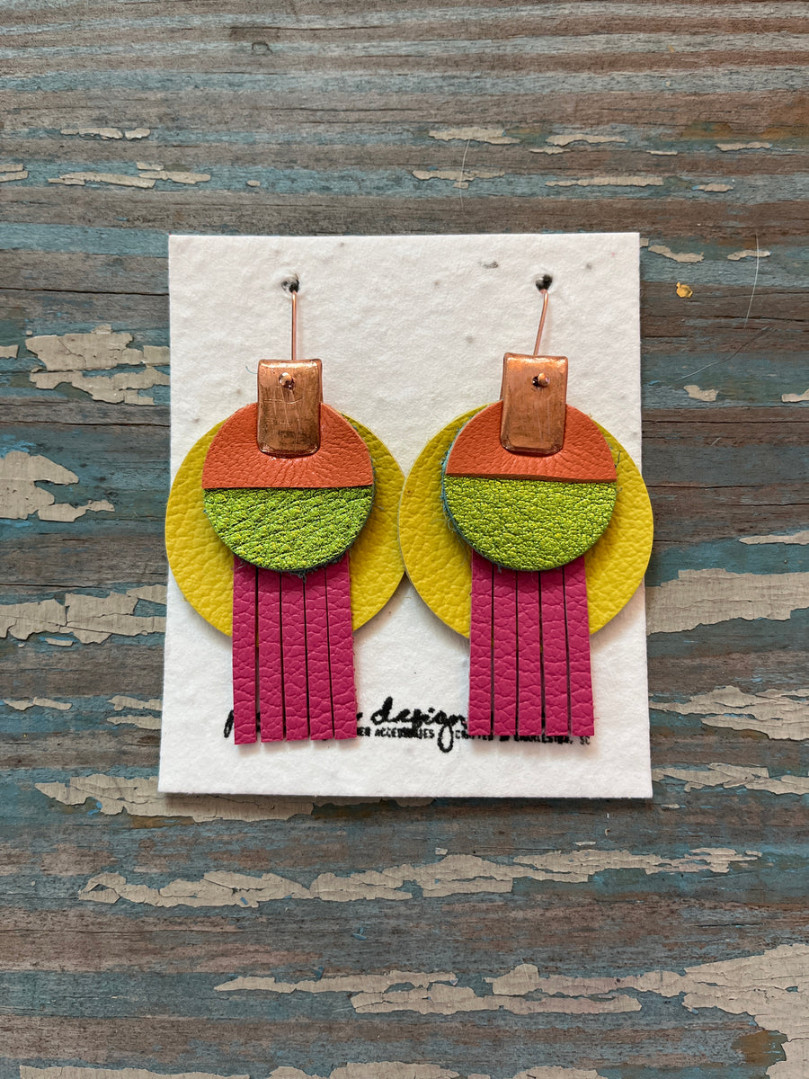 circle leather tassel earrings - yellow, orange, pink, and metallic green