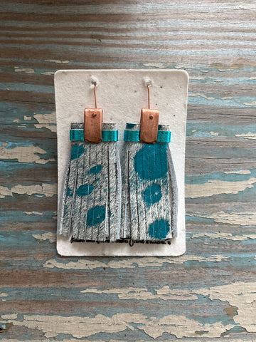 leather tassel earrings - blue textured