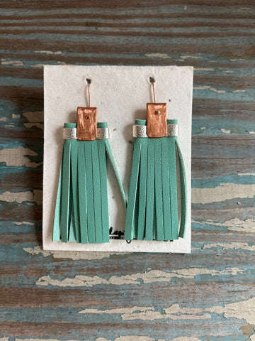 leather tassel earrings - light teal and silver