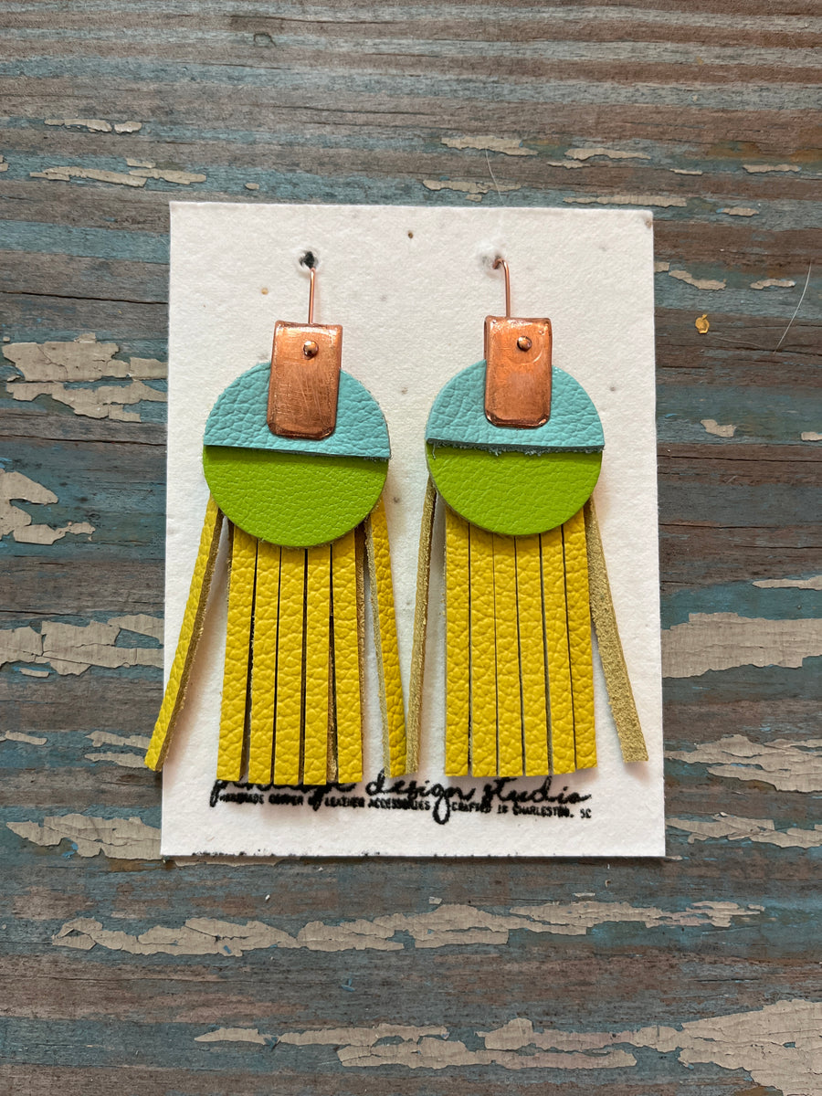 leather tassel earrings - yellow, light green, and sky blue