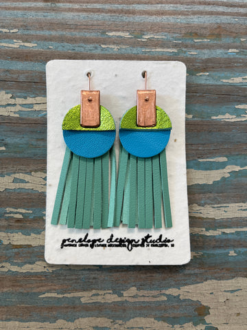 leather tassel earrings - teal, blue, and metallic green