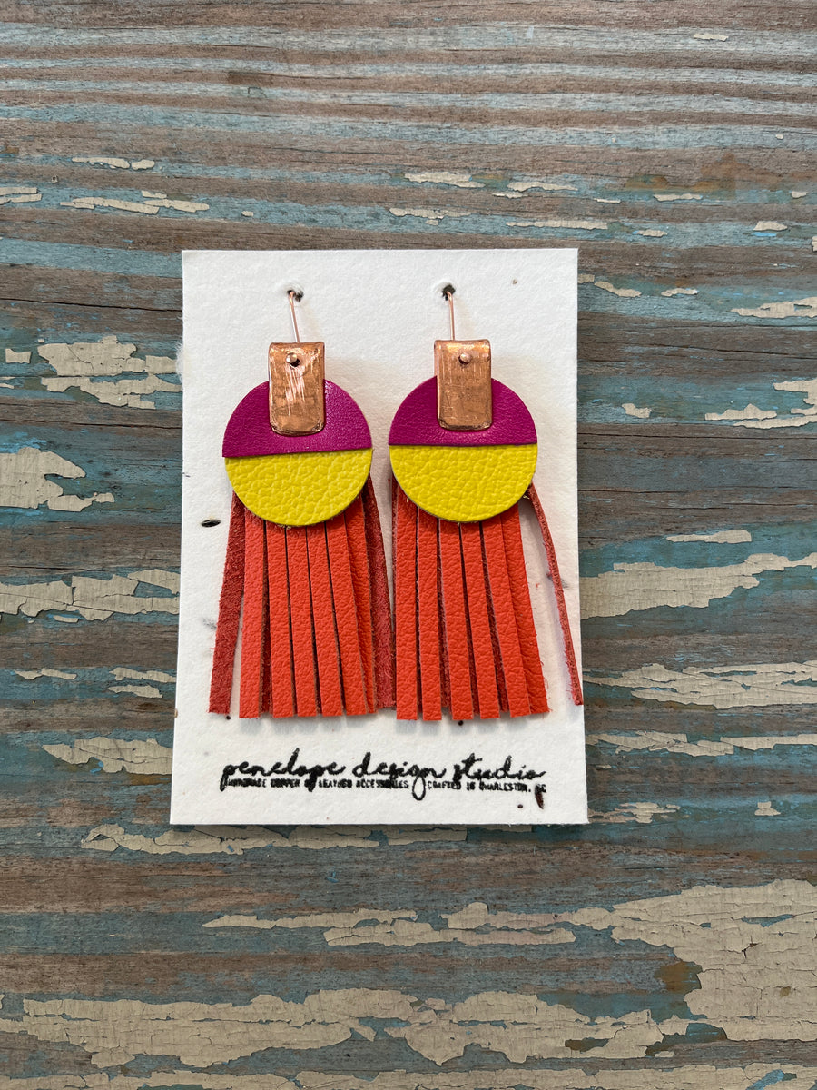 leather tassel earrings - yellow, orange, and pink