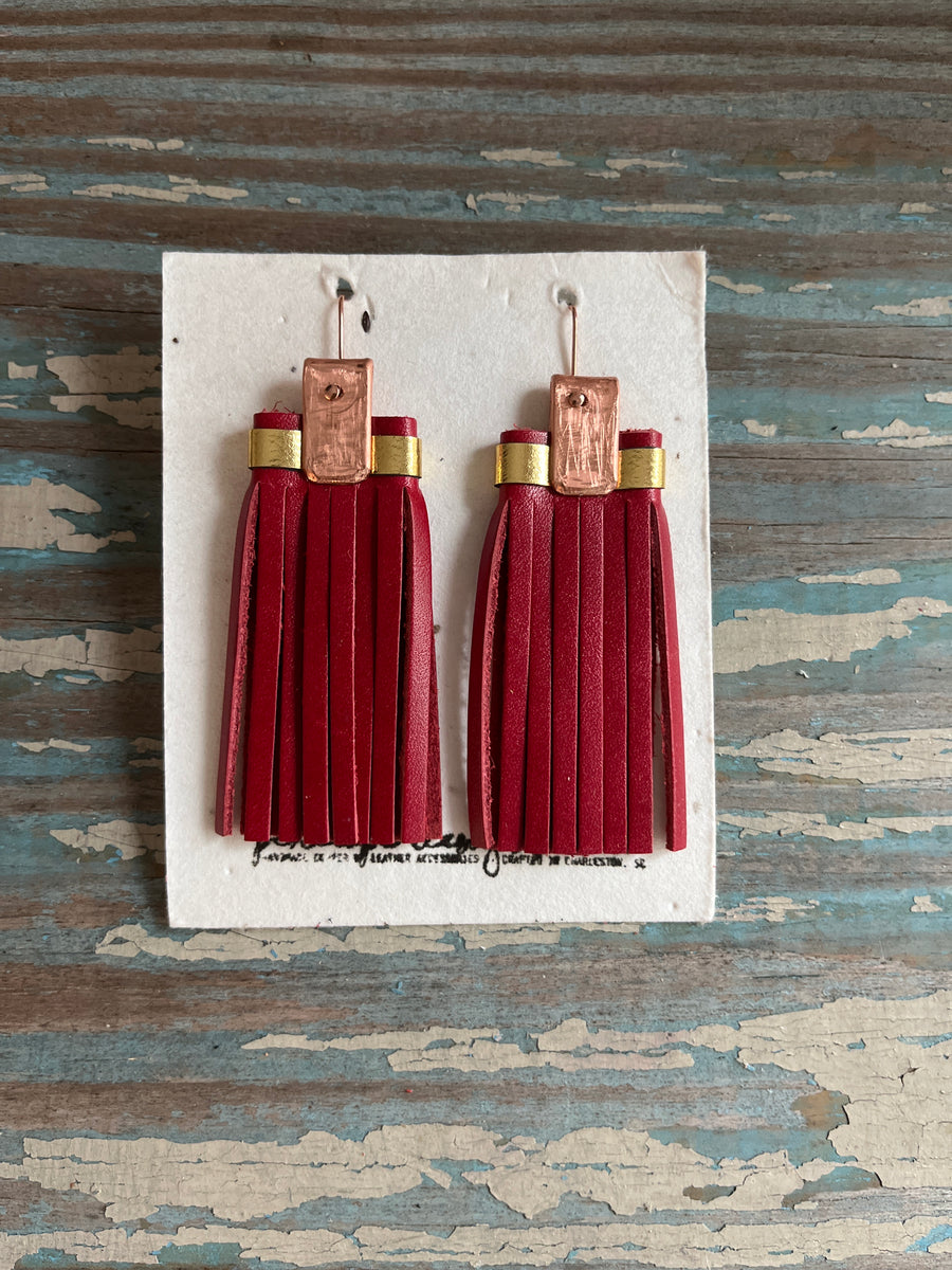 leather tassel earrings - red and gold