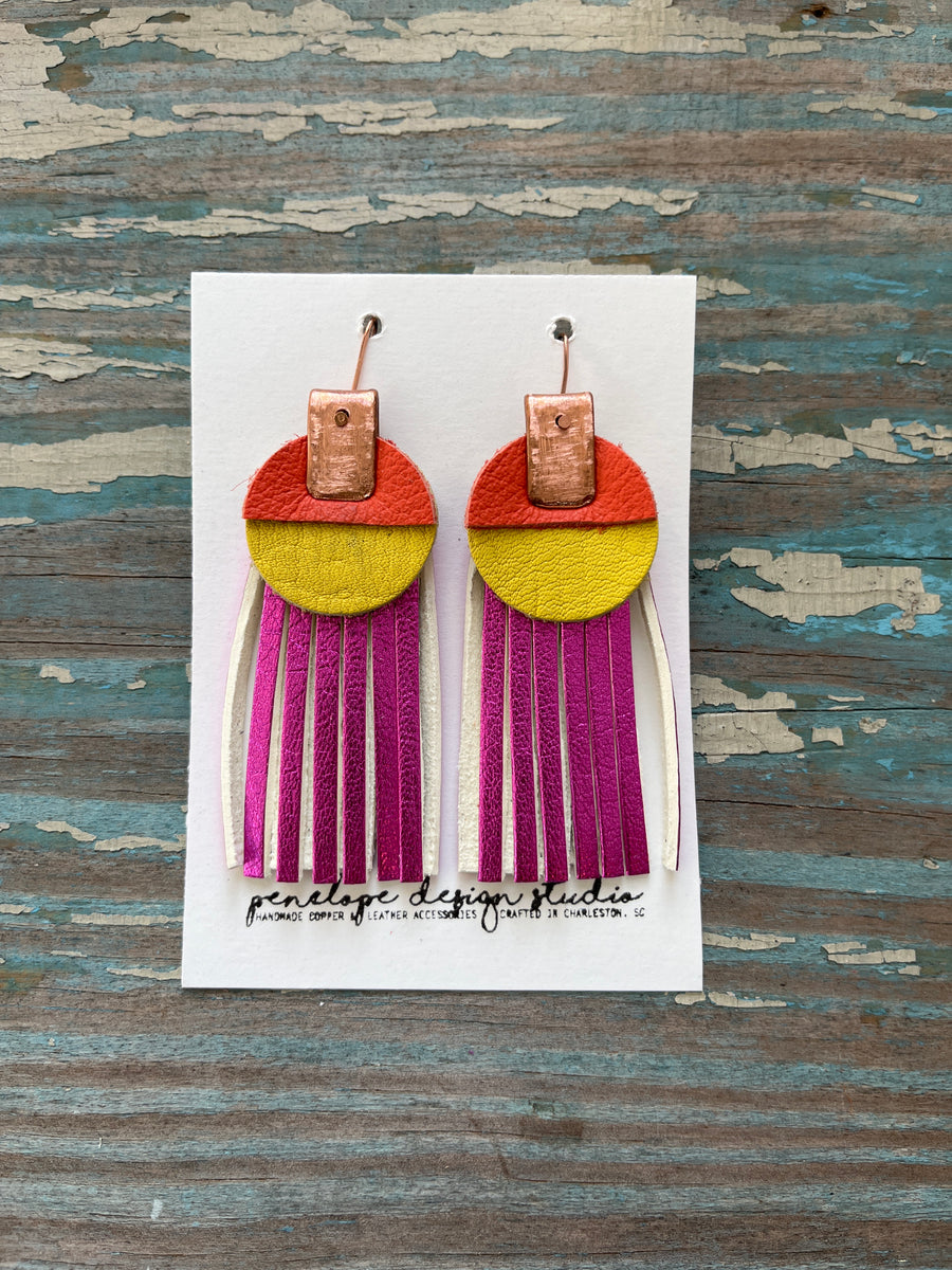 leather tassel earrings - metallic pink, yellow, and orange
