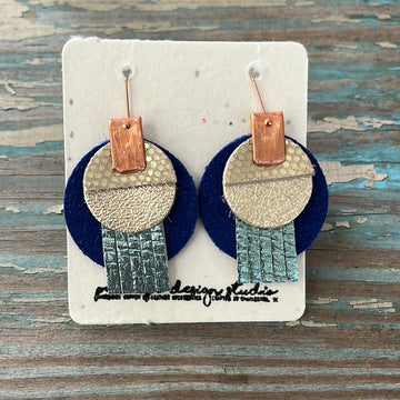 circle leather tassel earrings - blues and silvers