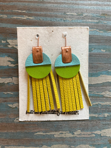 leather tassel earrings - yellow, green, and blue