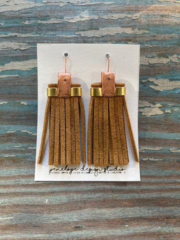leather tassel earrings - camel suede and gold