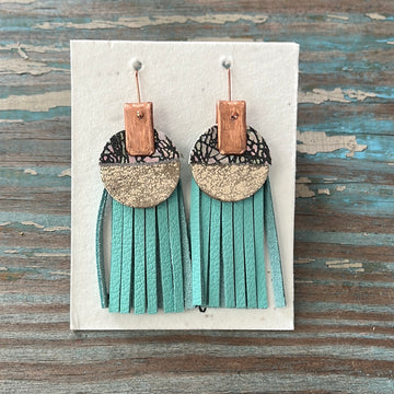 leather tassel earrings - light teal, opalescent white, and textured tan