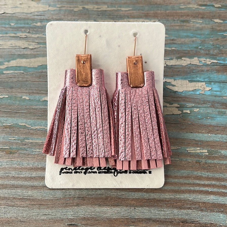 double leather tassel earrings - metallic light pink and light pink