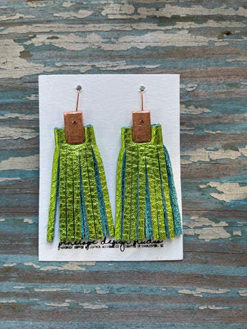 leather tassel earrings - metallic lime green