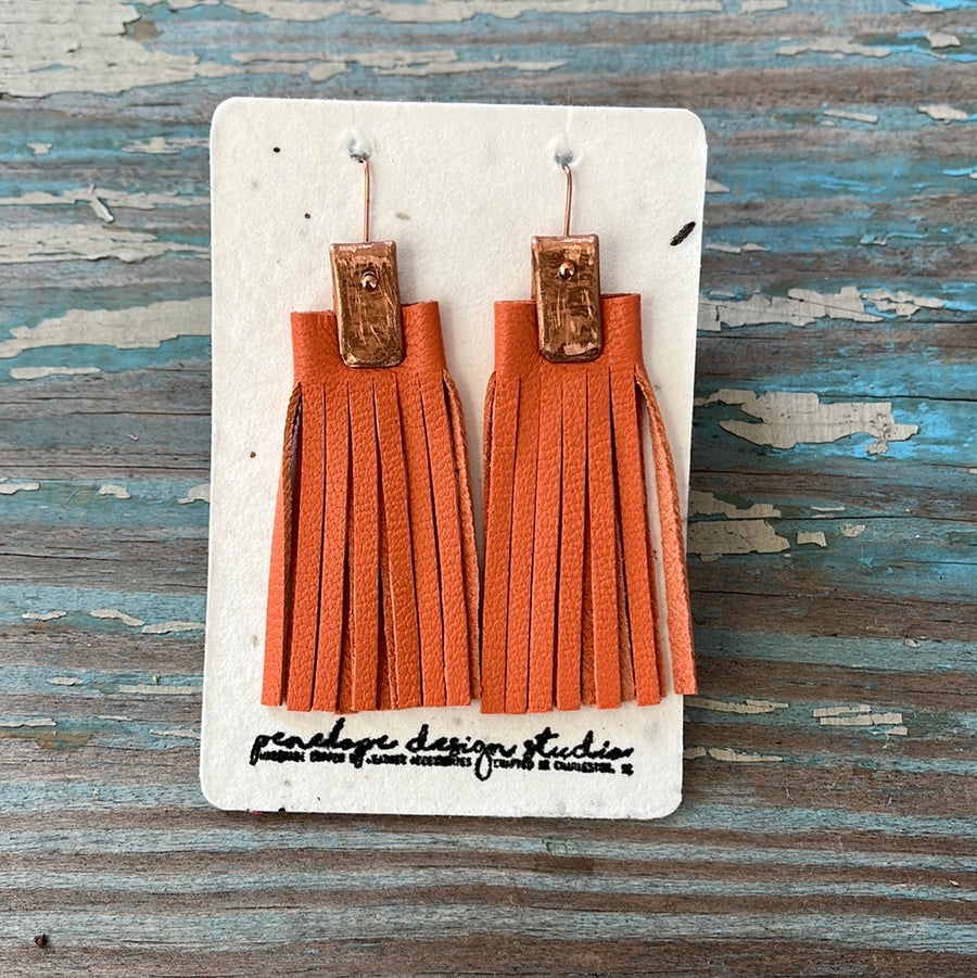 leather tassel earrings - orange