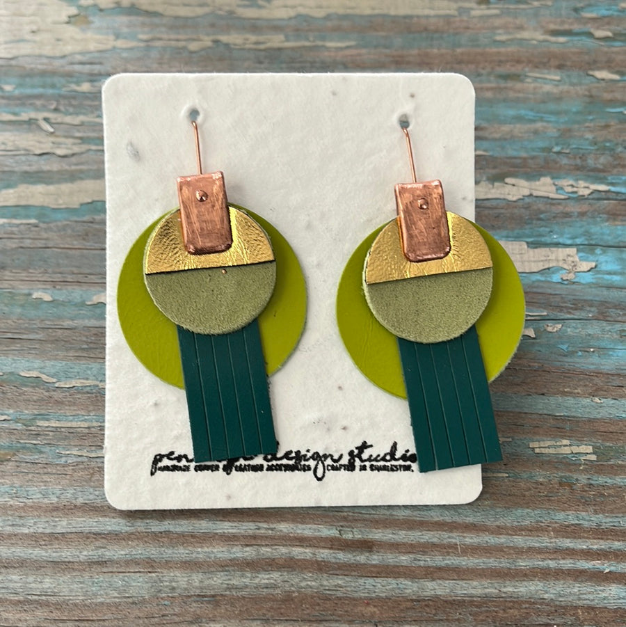 circle leather tassel earrings - lime green, dark green, light green and gold