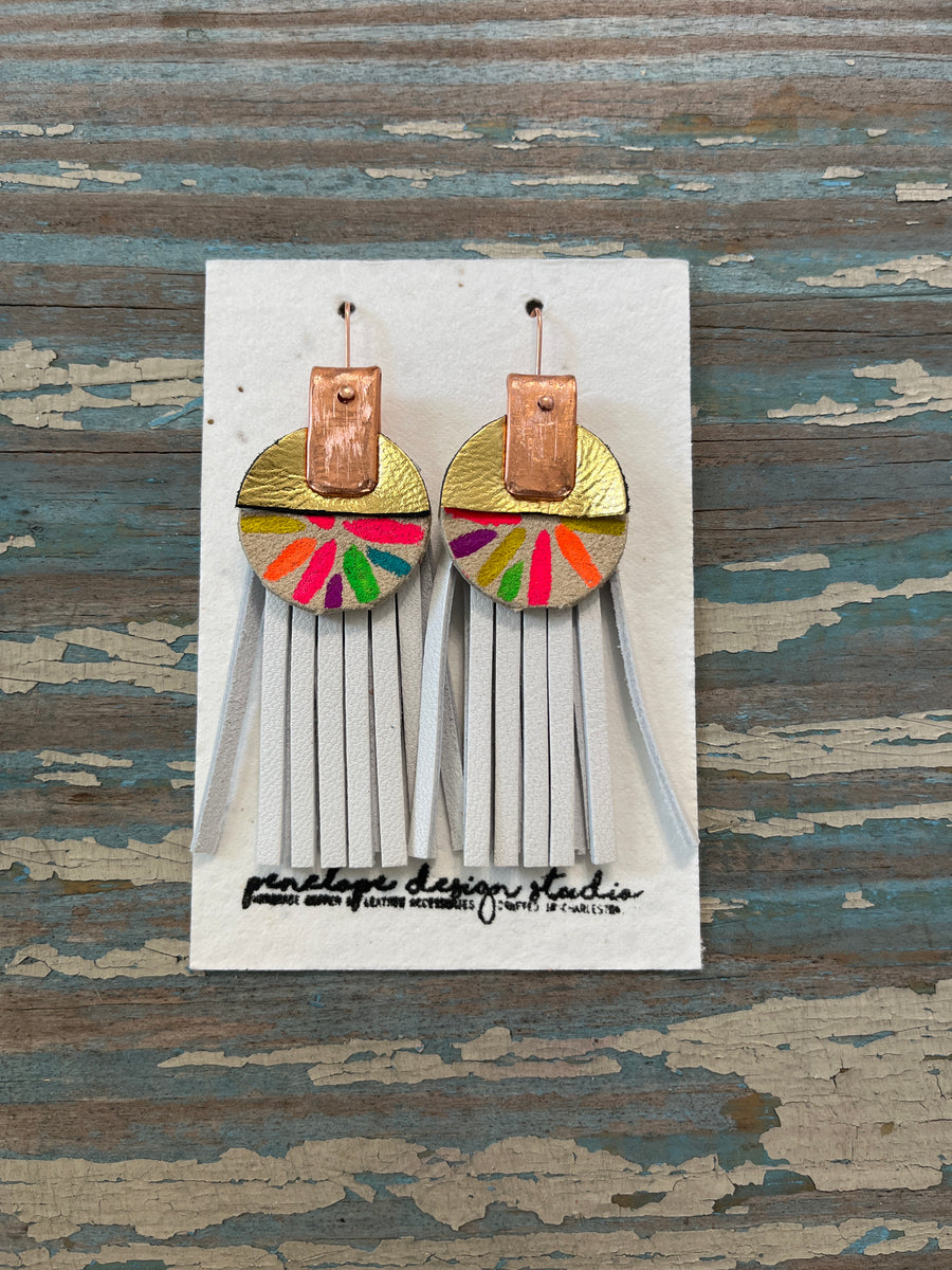 leather tassel earrings - white, hand painted rainbow, and gold