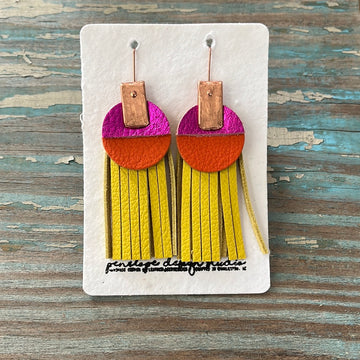 leather tassel earrings - yellow, orange, and metallic pink