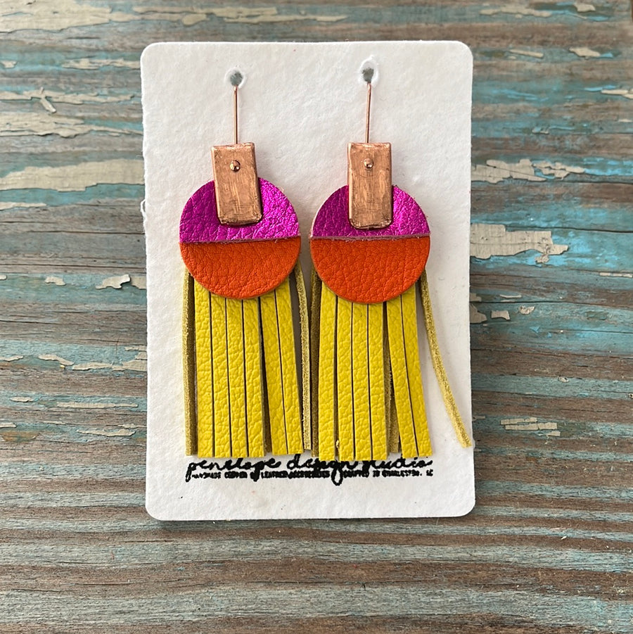 leather tassel earrings - yellow, orange, and metallic pink
