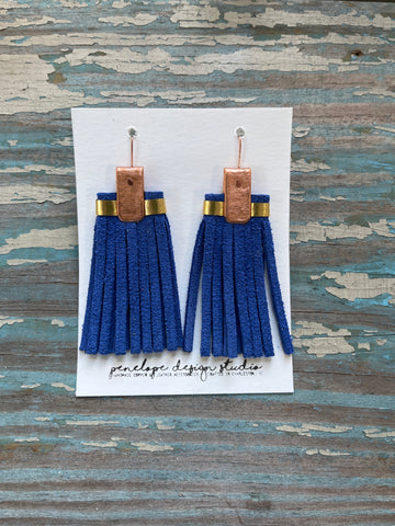 leather tassel earrings - cobalt blue and gold