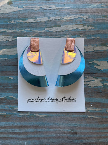 half moon Clementine - metallic light blue, white, and opalescent