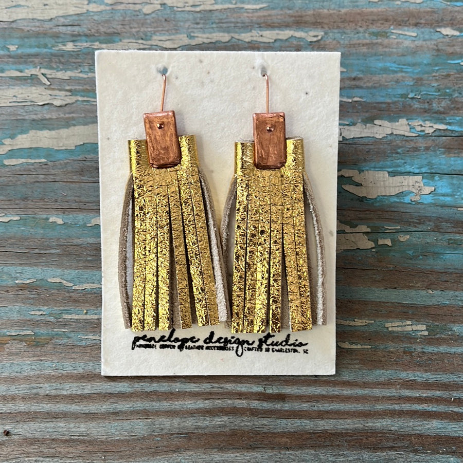 leather tassel earrings - gold