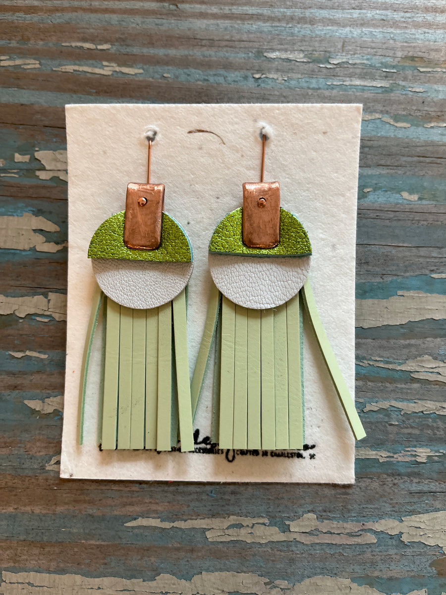 leather tassel earrings - greens and white