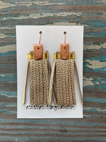 double leather tassel earrings - champagne gold and gold