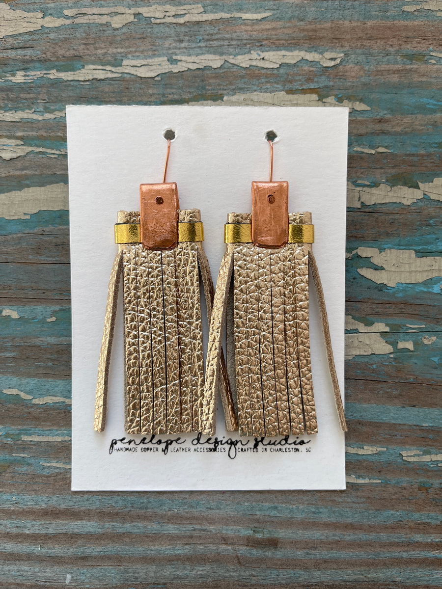 double leather tassel earrings - champagne gold and gold