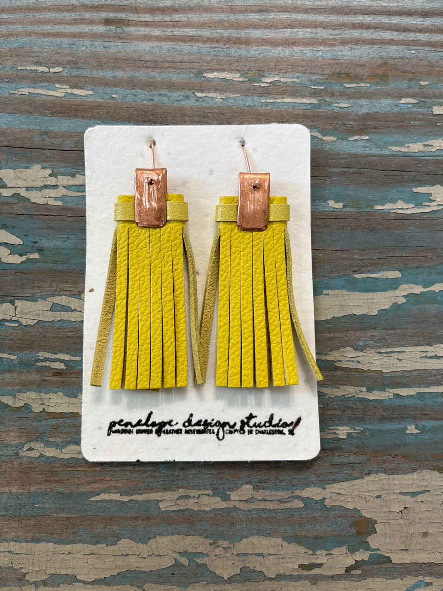 leather tassel earrings - double yellow