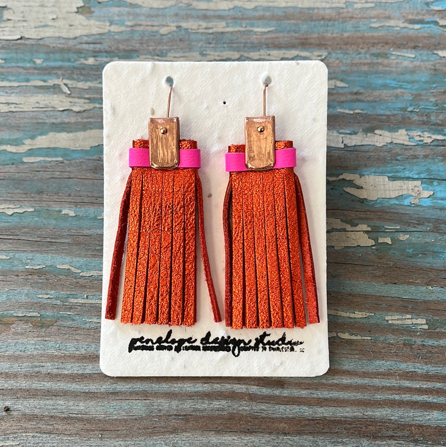 leather tassel earrings - metallic orange and neon pink