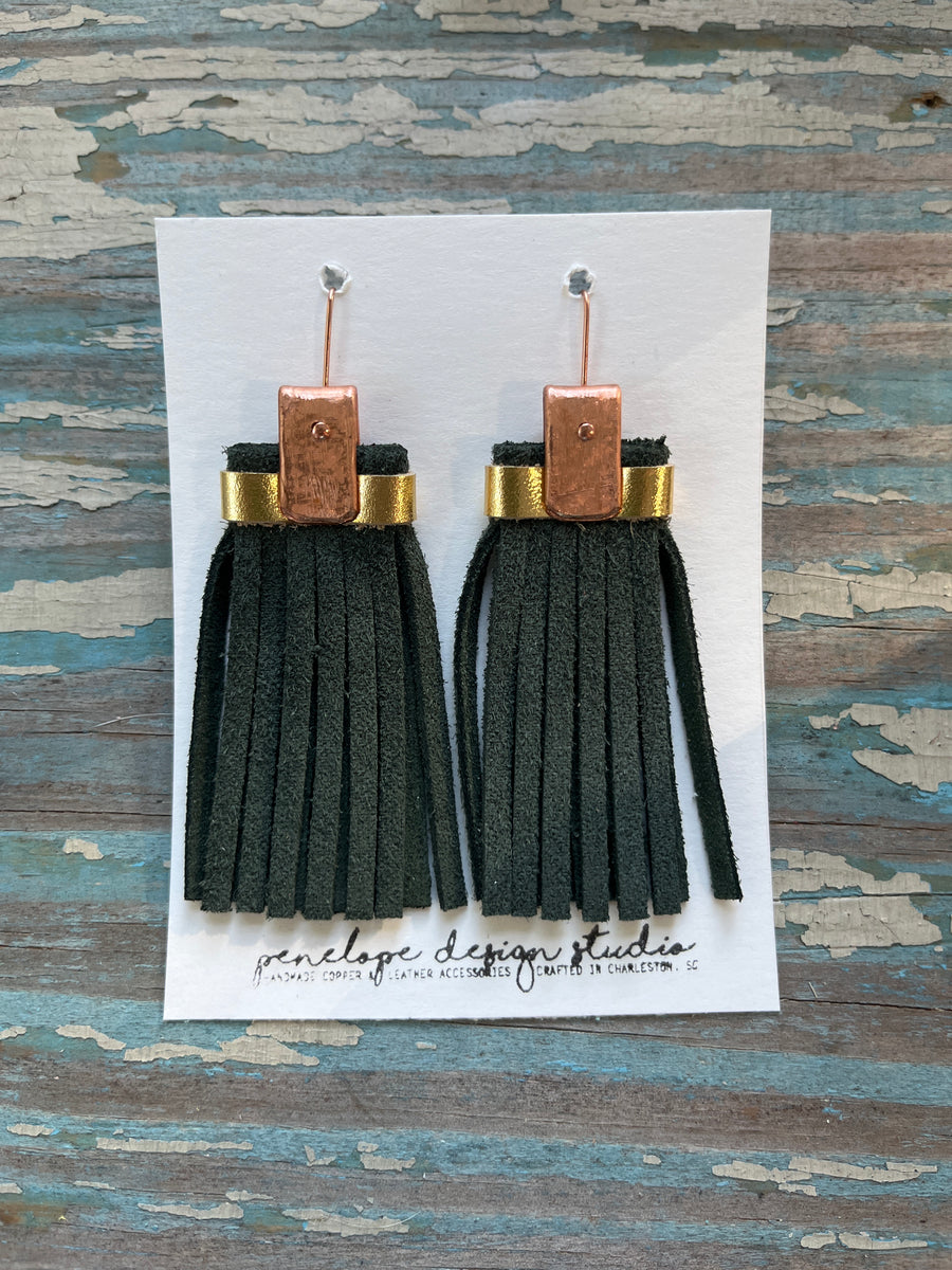 leather tassel earrings - Olive and gold