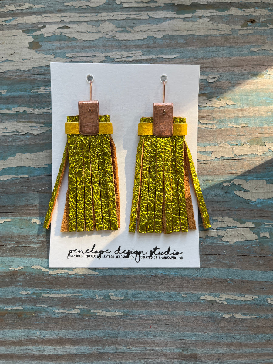 leather tassel earrings - metallic yellow and yellow