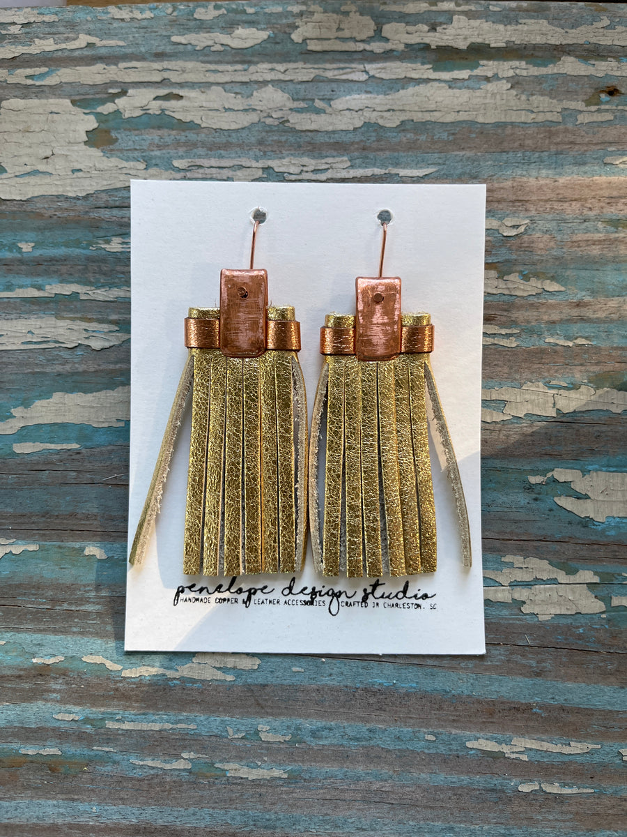 leather tassel earrings - gold and rose gold