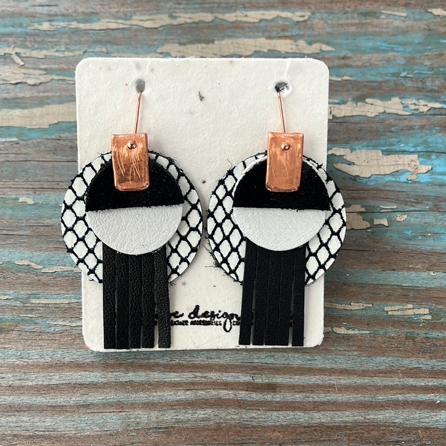 circle leather tassel earrings - black and white