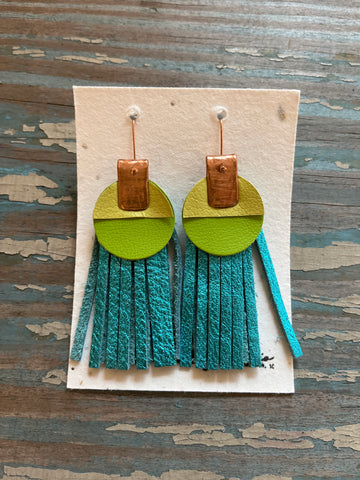 leather tassel earrings - light metallic teal, green, and lime