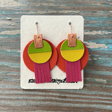 circle leather tassel earrings - pink, orange, yellow, and light green