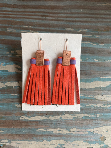 leather tassel earrings - orange and purple