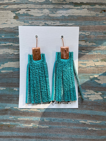 leather tassel earrings - metallic blue