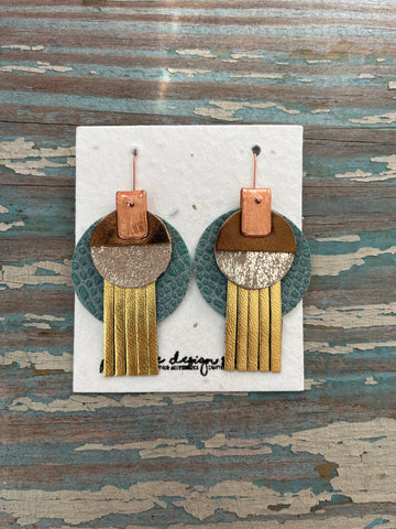 circle leather tassel earrings - gold and teals