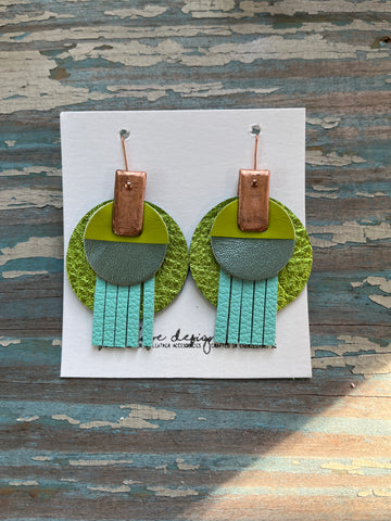 circle leather tassel earrings - lime green, teals and green