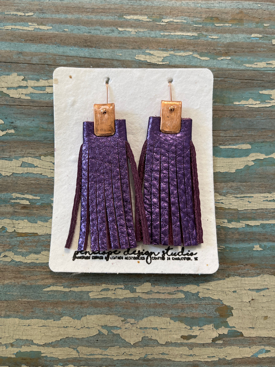 leather tassel earrings - metallic purple