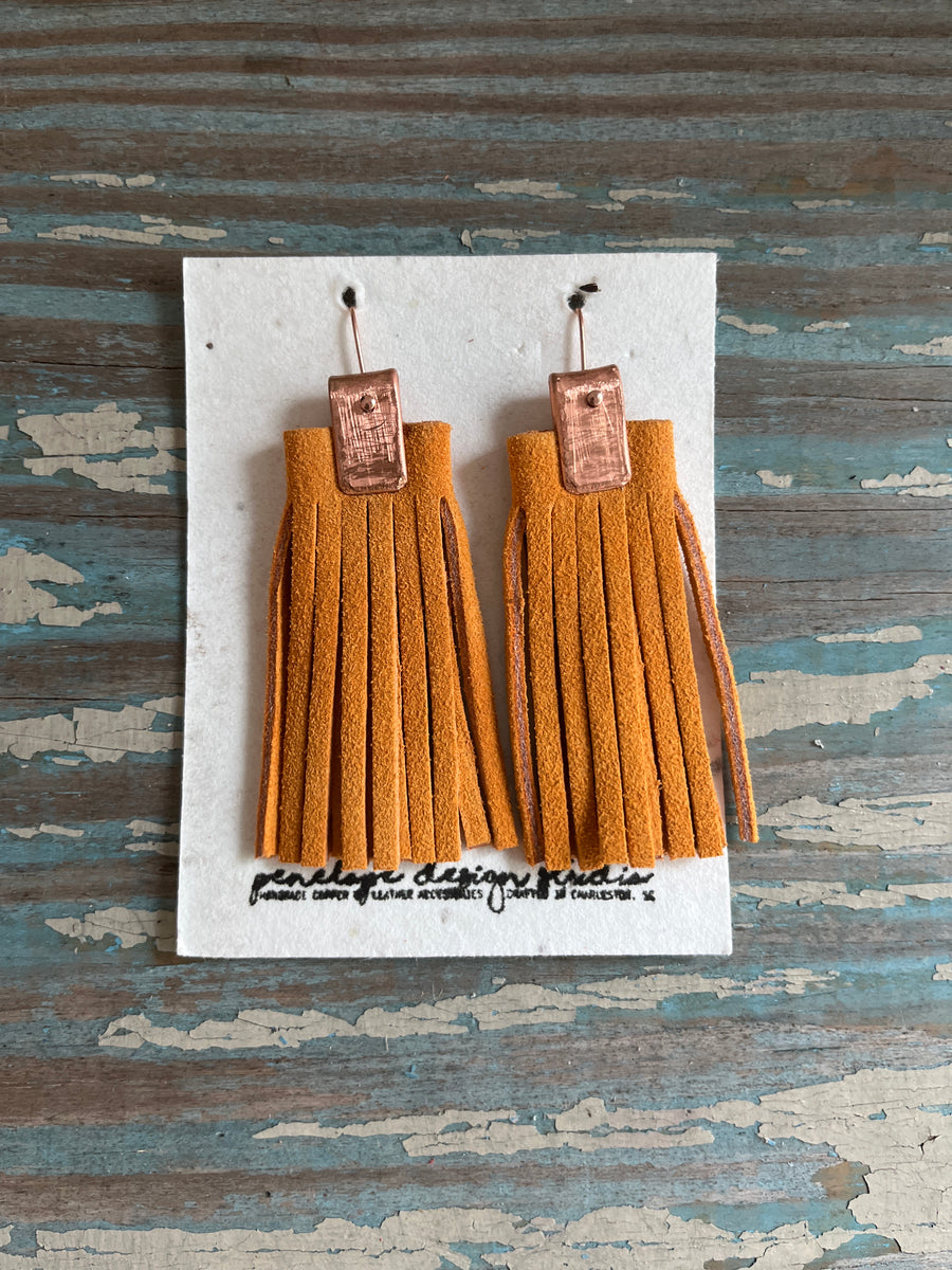 leather tassel earrings - orange suede