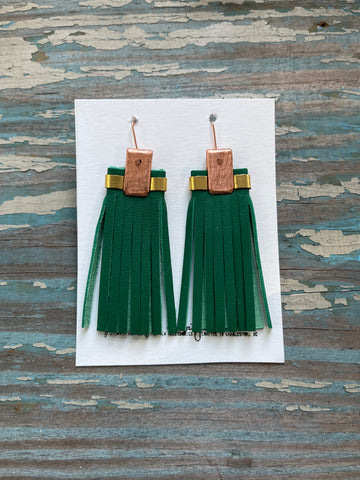 leather tassel earrings - hunter green and gold