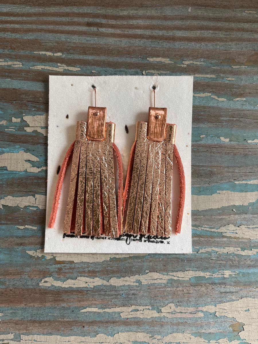 leather tassel earrings - rose gold