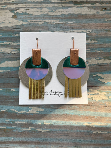 circle leather tassel earrings - silver, gold, opalescent and metallic teal