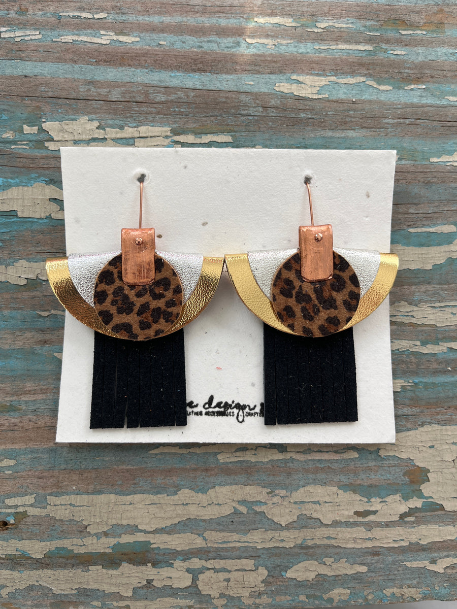 half moon tassel earrings - gold, black, silver, and cheetah print