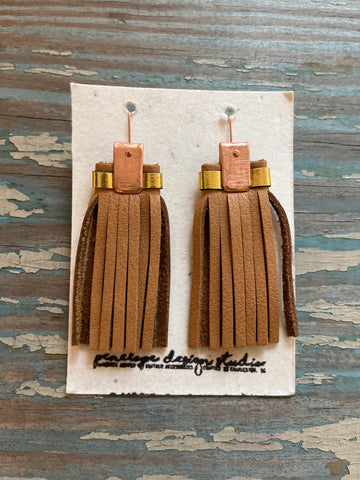 leather tassel earrings - light tan & gold