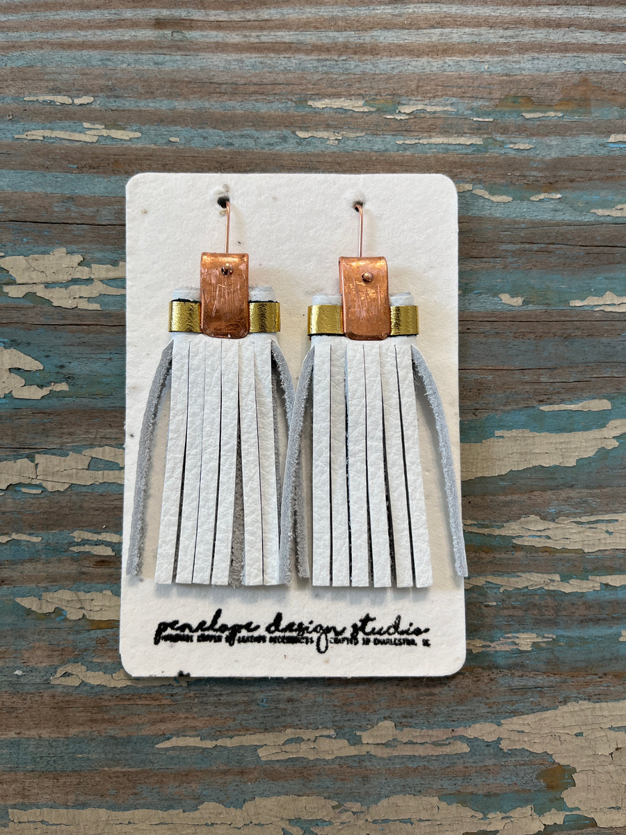 leather tassel earrings - white and gold