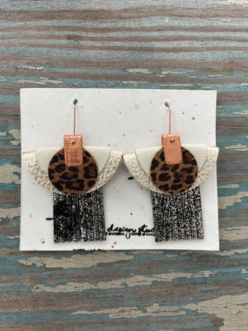 half moon tassel earrings - champagne gold, silvery black, white, and cheetah print