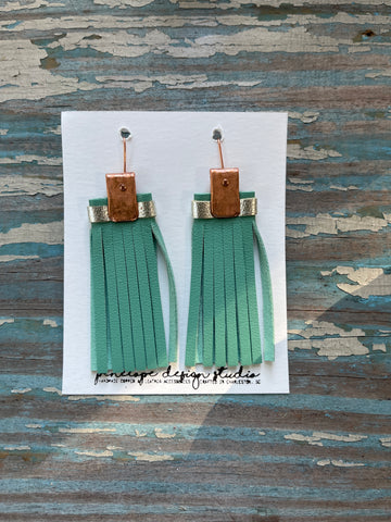 leather tassel earrings - light teal and silver