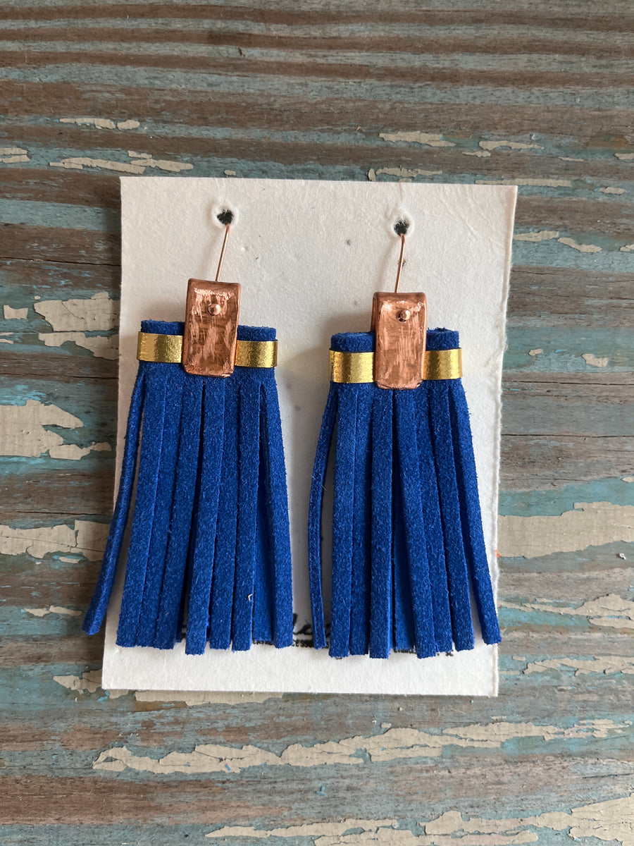 leather tassel earrings - cobalt blue and gold