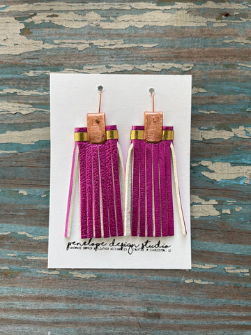leather tassel earrings - metallic pink and gold